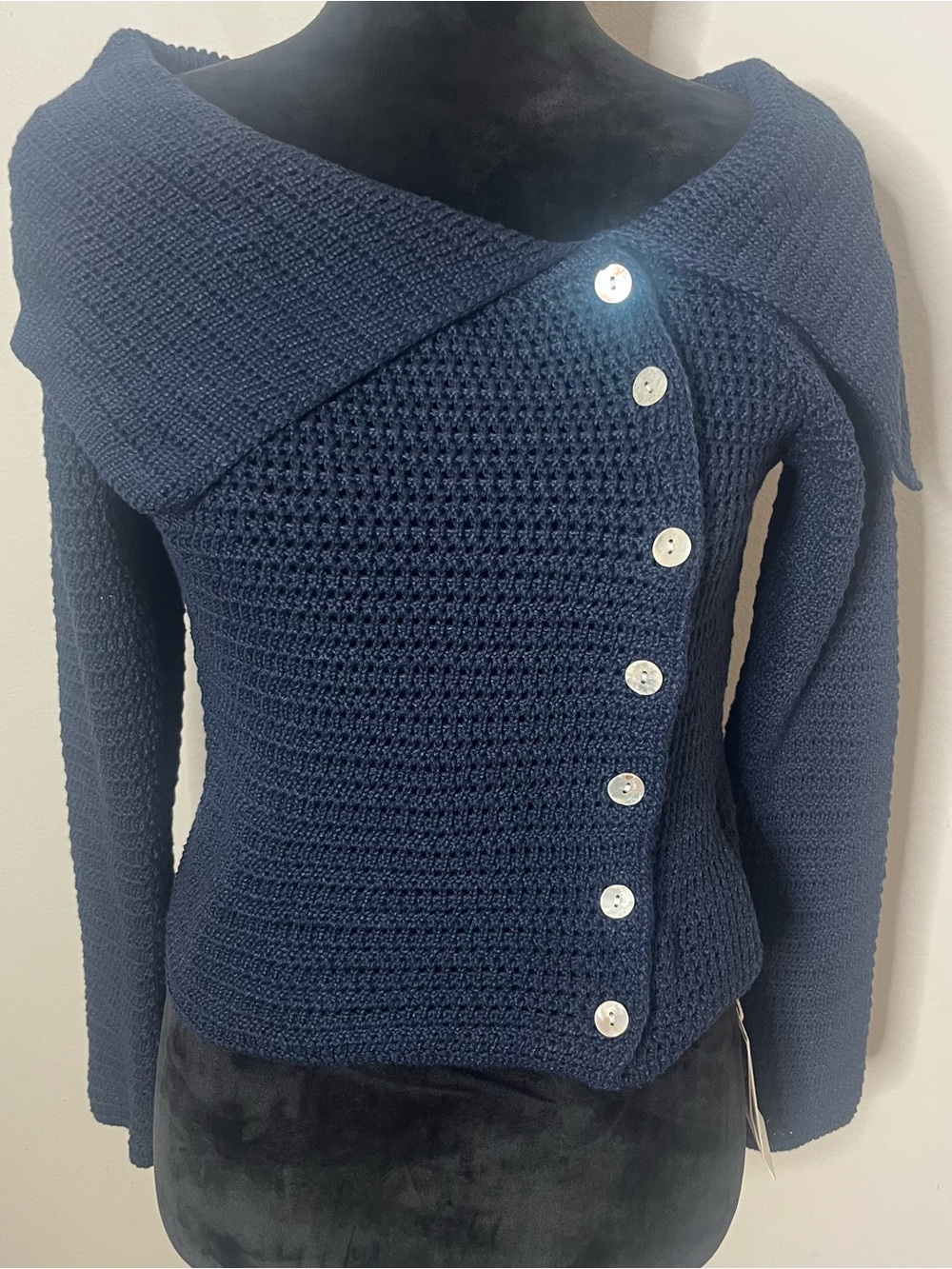 Commense Navy Off-the-Shoulder Diagonal Button Folded Collar Knit Sweater S~NWT - Picture 2 of 12